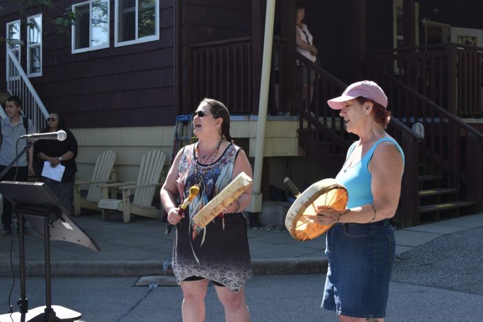 Shannon(left) and Lori performing an Indigenous drum song